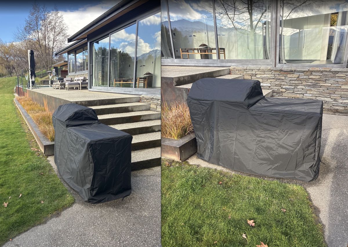 Custom made built-in BBQ cover in black fitted over an outdoor barbecue kitchen - The Cover Company Australia