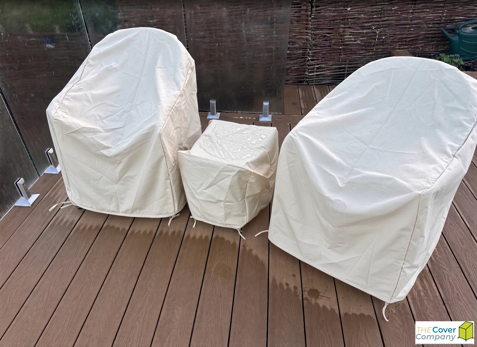 Custom made outdoor chair covers and side table cover in cream on a timber deck – The Cover Company Australia